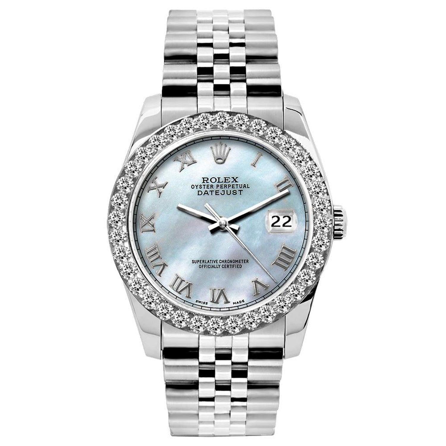 Rolex Datejust 26MM 6916 Blue Mother of Pearl Roman Dial Diamond Bezel Stainless Steel Jubilee Bracelet 1.2ct