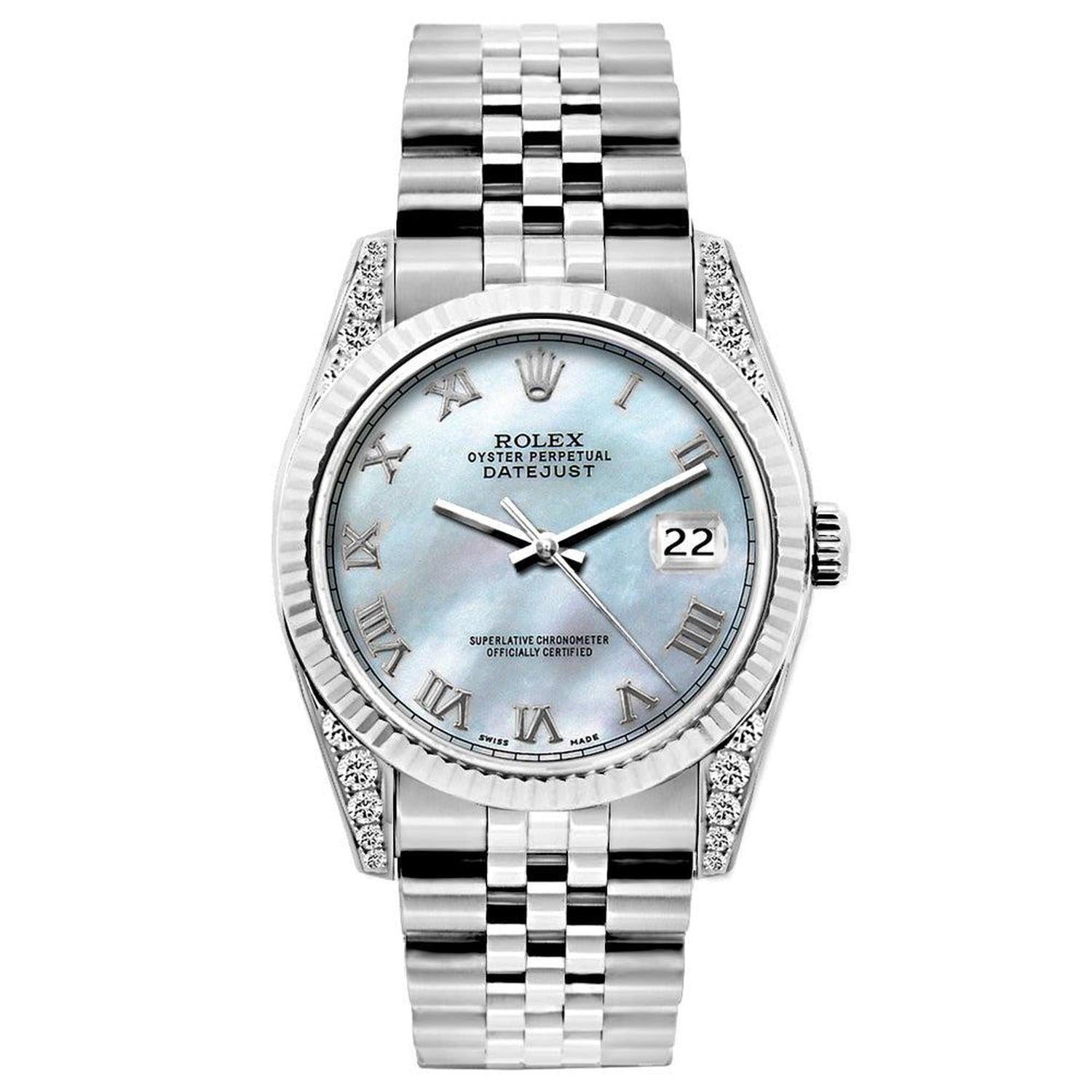 Rolex Datejust 26MM 6916 Blue Mother of Pearl Roman Dial White Gold Fluted Bezel Stainless Steel Jubilee Bracelet