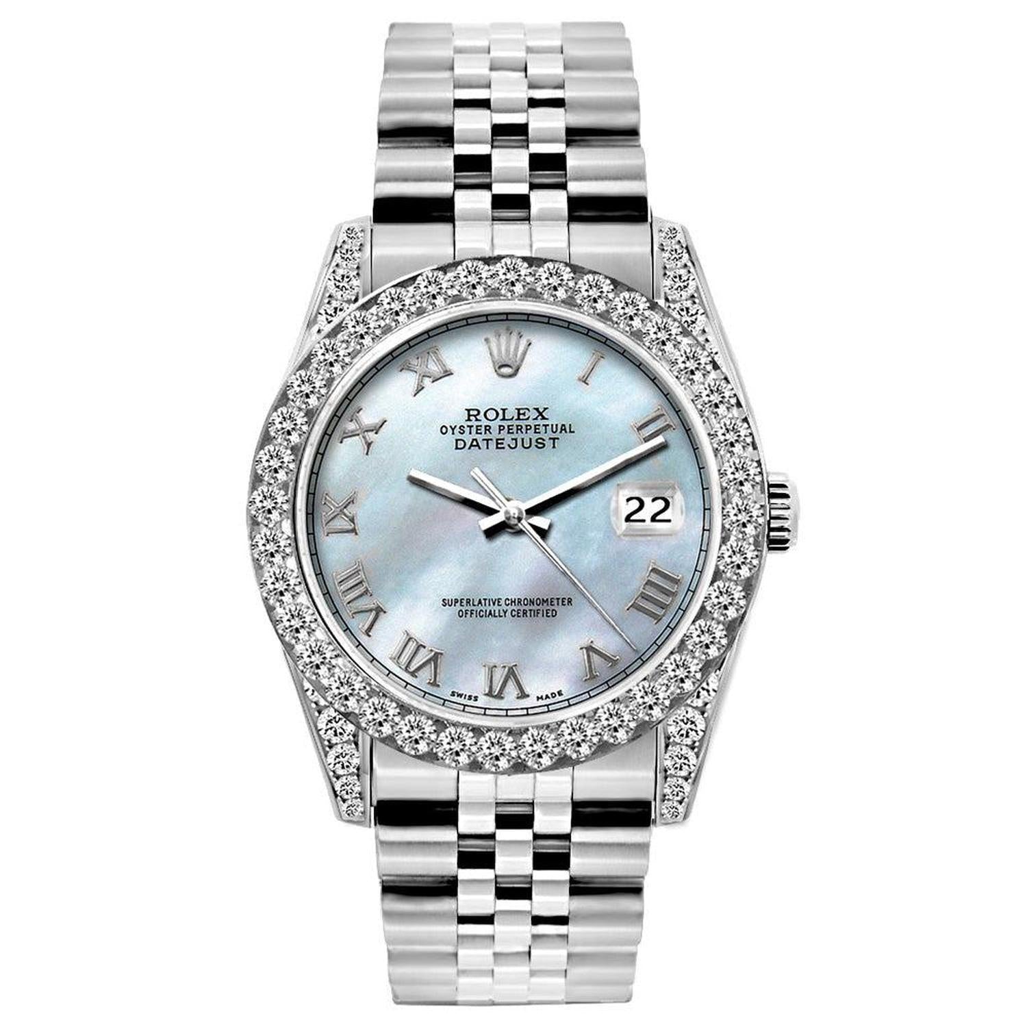 Rolex Datejust 26MM 6916 Blue Mother of Pearl Roman Dial Diamond Bezel Stainless Steel Jubilee Bracelet 1.2ct