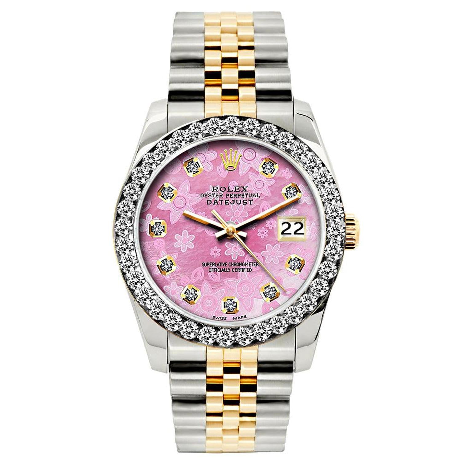 Rolex Datejust 26MM 6917 Pink Floral Diamond Dial Diamond Bezel Two Tone Jubilee Bracelet 1.2ct