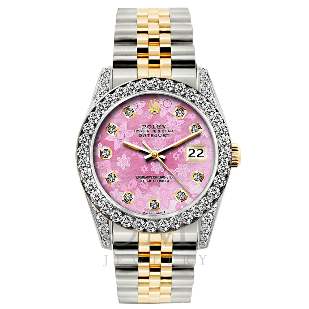 Rolex Datejust Diamond Watch, 26mm, Yellow Gold and Stainless Steel Bracelet Pink Flower Dial w/ Diamond Bezel and Lugs
