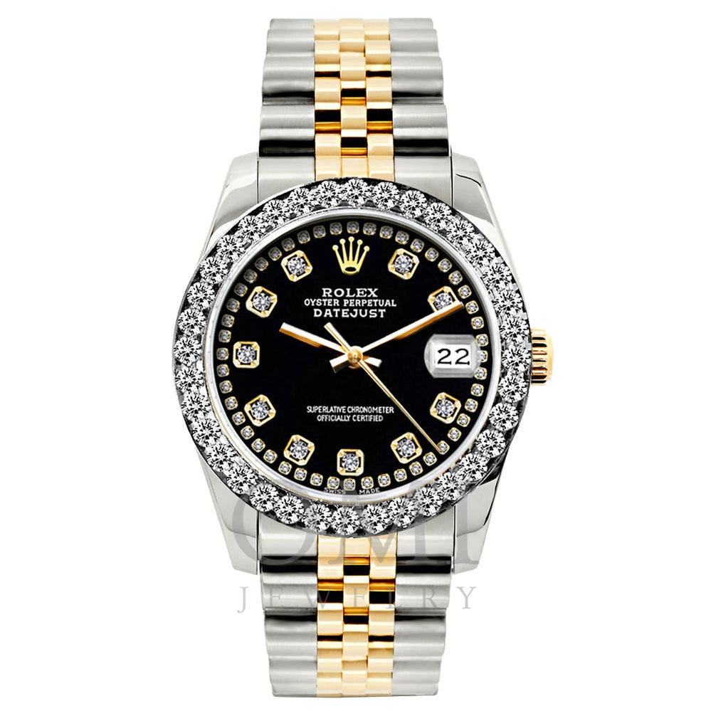 Rolex Datejust Diamond Watch, 26mm, Yellow Gold and Stainless Steel Bracelet Black Border Dial w/ Diamond Bezel