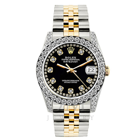 Rolex Datejust Diamond Watch, 26mm, Yellow Gold and Stainless Steel Bracelet Black Border Dial w/ Diamond Bezel and Lugs