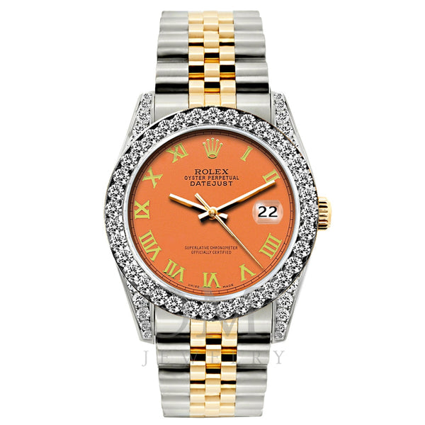 Rolex Datejust Diamond Watch, 26mm, Yellow Gold and Stainless Steel Bracelet Orange Dial w/ Diamond Bezel and Lugs