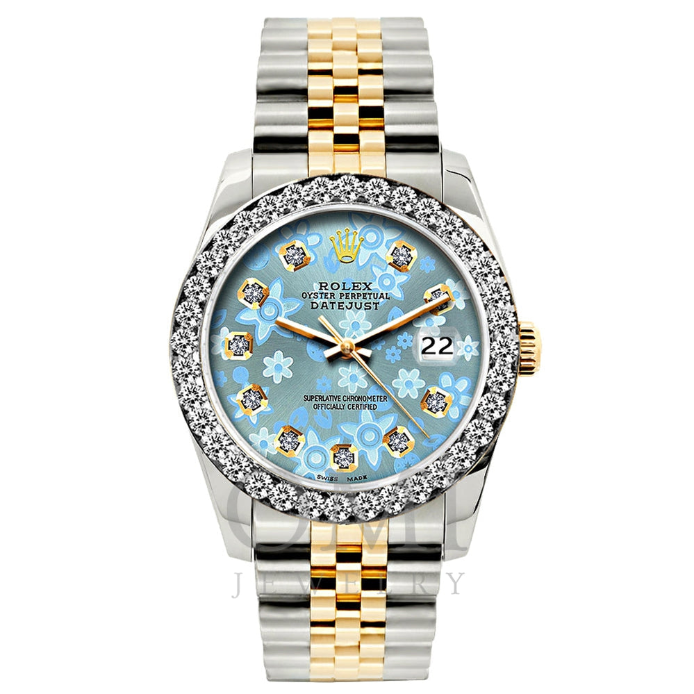 Rolex Datejust Diamond Watch, 26mm, Yellow Gold and Stainless Steel Bracelet Ice Blue Floral Dial w/ Diamond Bezel