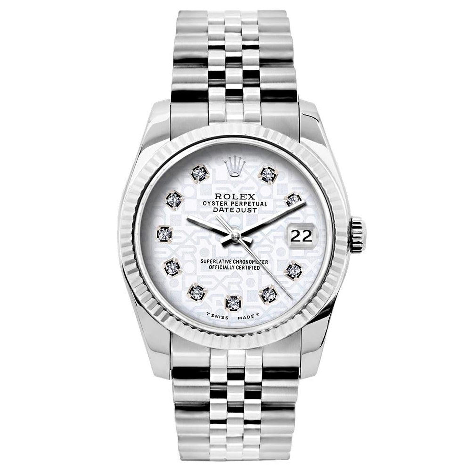 Rolex Datejust 26MM 6916 Silver Pattern Diamond Dial White Gold Fluted Bezel Stainless Steel Jubilee Bracelet 1.2ct