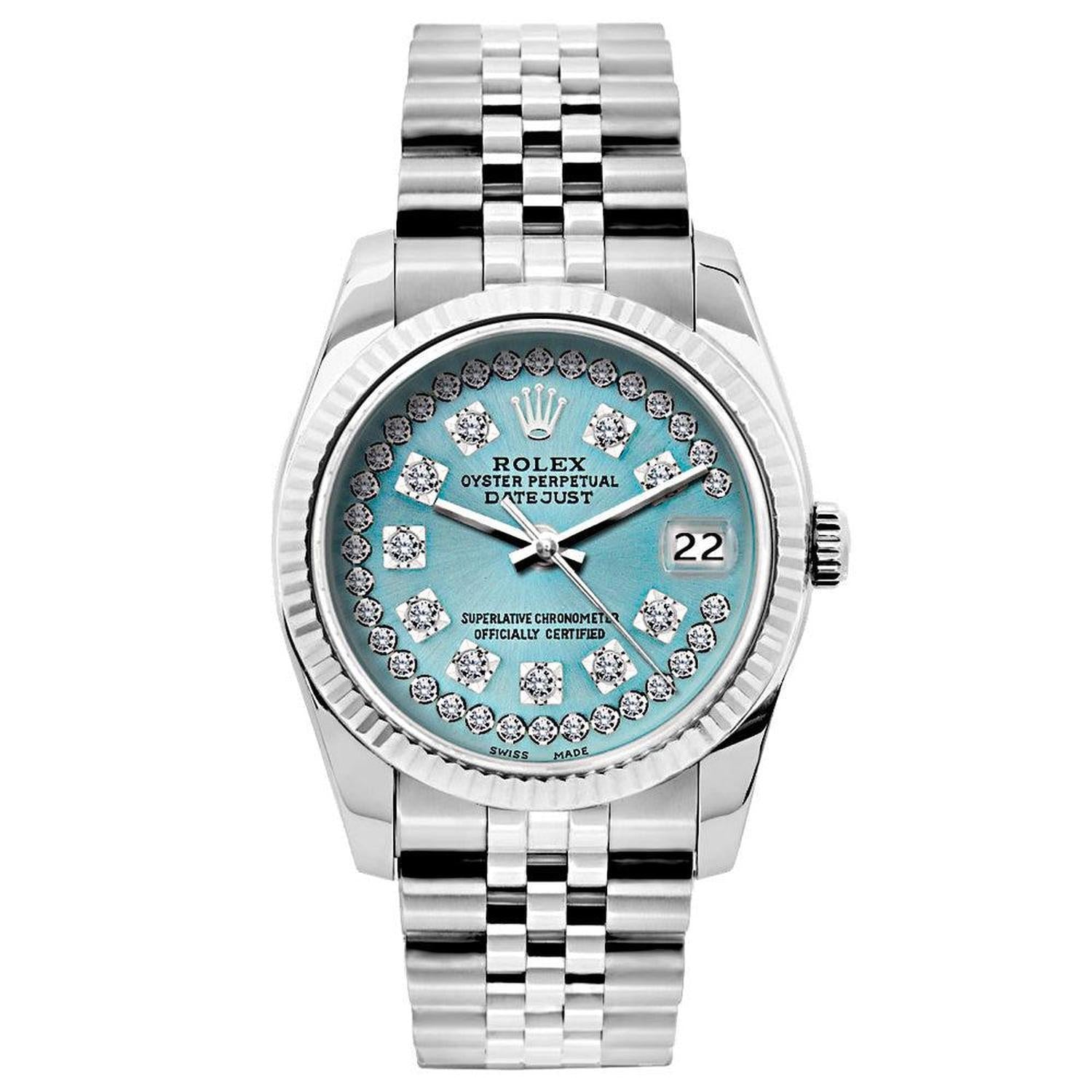 Rolex Datejust 26MM 6916 Turquoise Diamond Dial White Gold Fluted Bezel Stainless Steel Jubilee Bracelet
