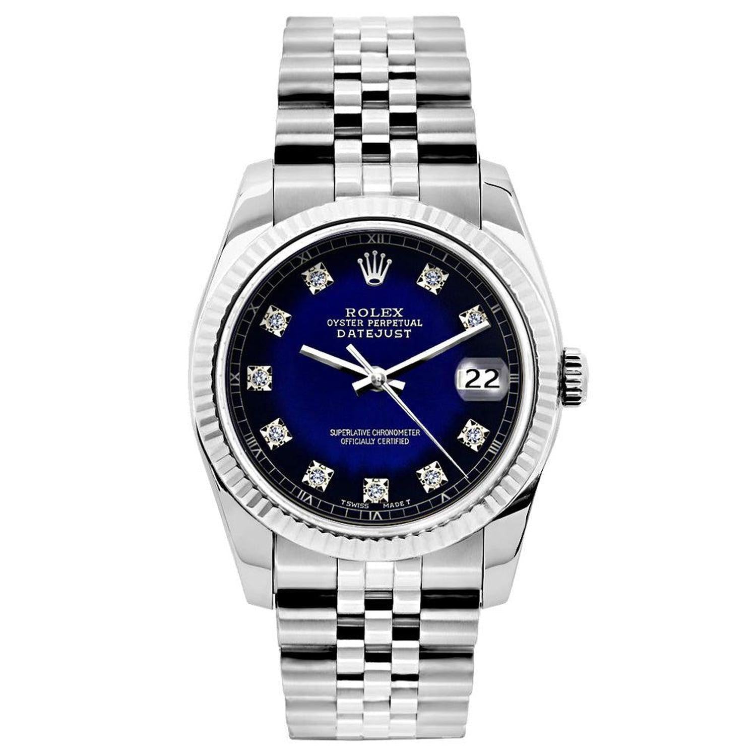 Rolex Datejust 26MM 6916 Blue Diamond Dial White Gold Fluted Bezel Stainless Steel Jubilee Bracelet