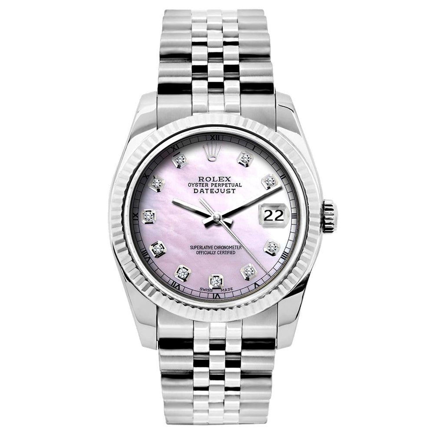 Rolex Datejust 26MM 6916 Pink Mother of Pearl Diamond Dial White Gold Fluted Bezel Stainless Steel Jubilee Bracelet
