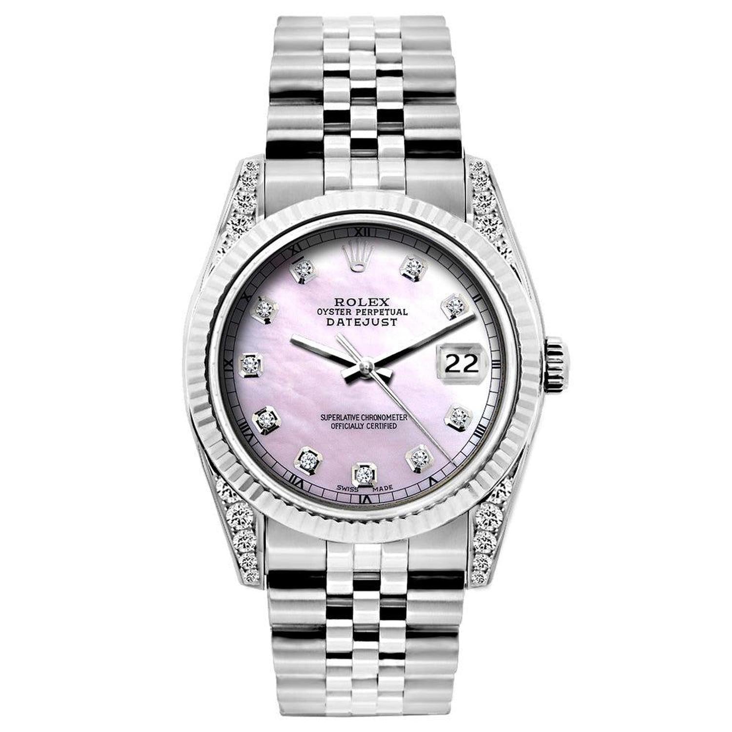 Rolex Datejust 26MM 6916 Pink Mother of Pearl Diamond Dial White Gold Fluted Bezel Stainless Steel Jubilee Bracelet