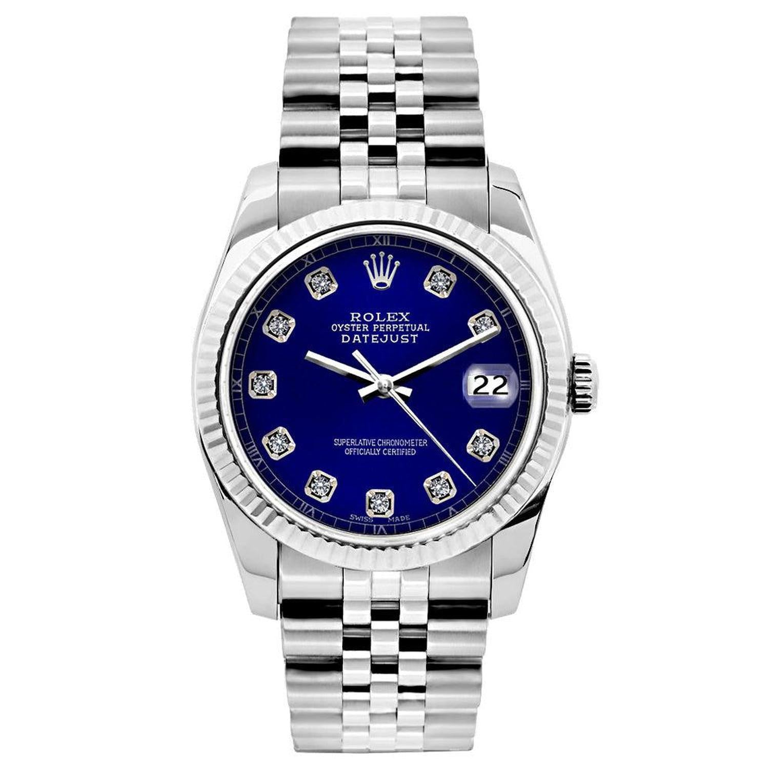 Rolex Datejust 26MM 6916 Blue Diamond Dial White Gold Fluted Bezel Stainless Steel Jubilee Bracelet