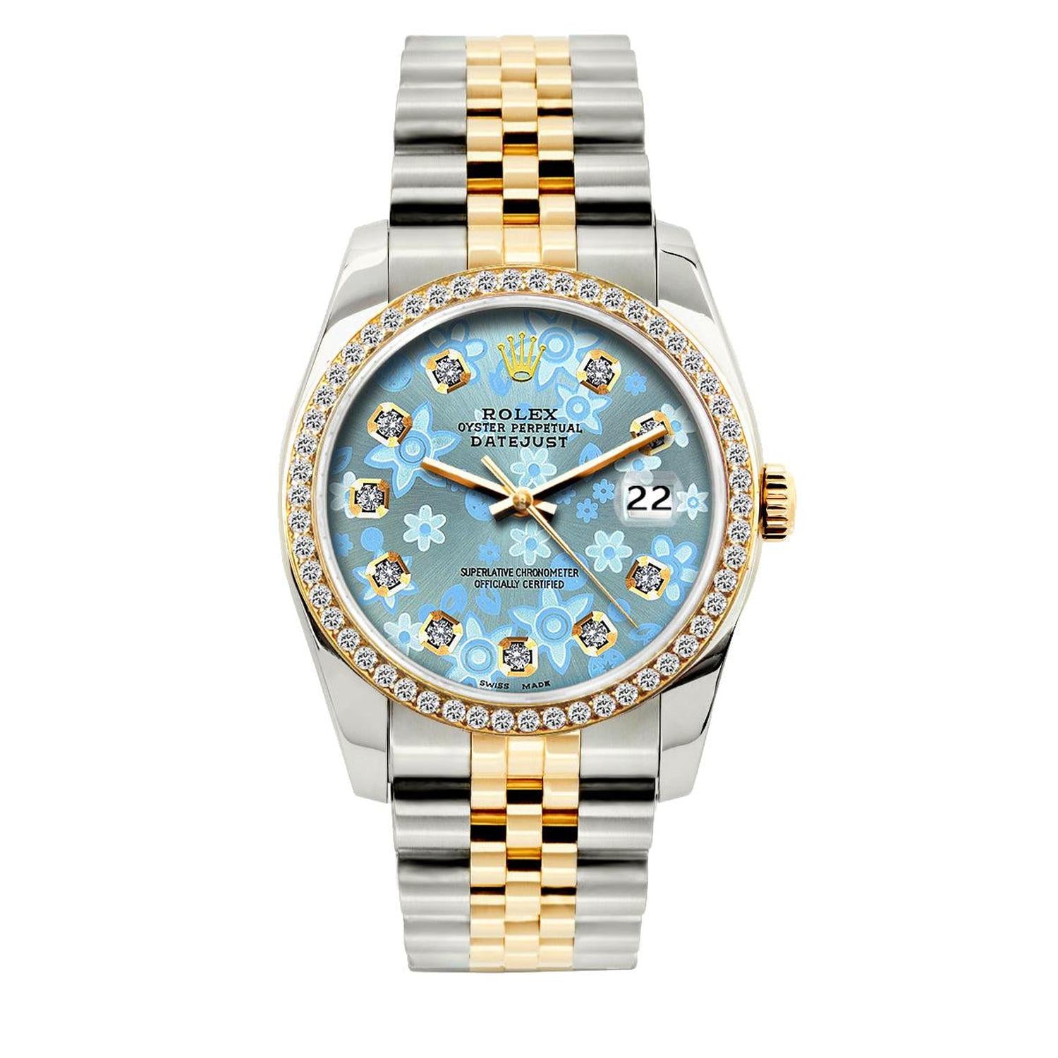 Rolex Datejust 36MM 16233 Ice Blue Floral Diamond Dial Diamond Bezel Two Tone Jubilee Bracelet 1.2ct