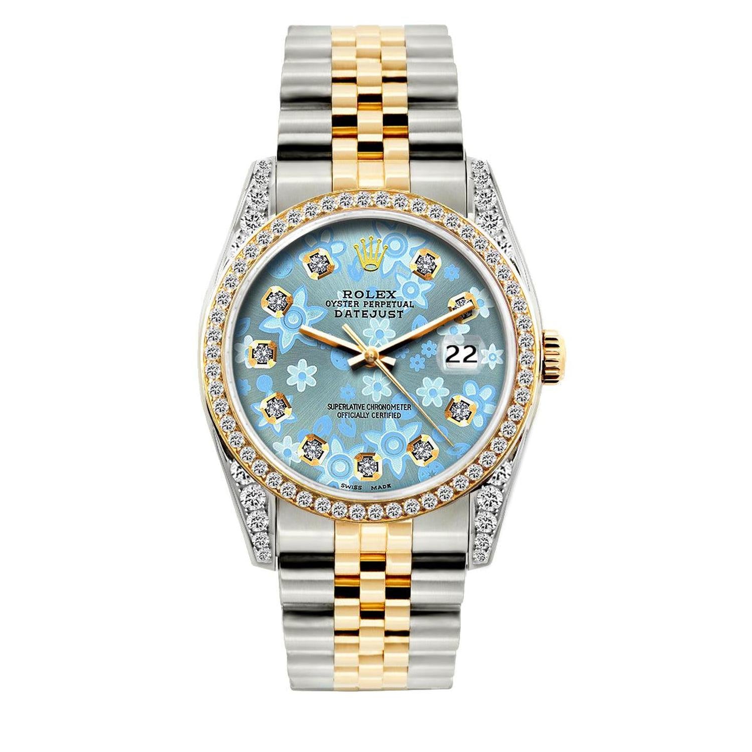 Rolex Datejust 36MM 16233 Ice Blue Floral Diamond Dial Diamond Bezel Two Tone Jubilee Bracelet 1.2ct