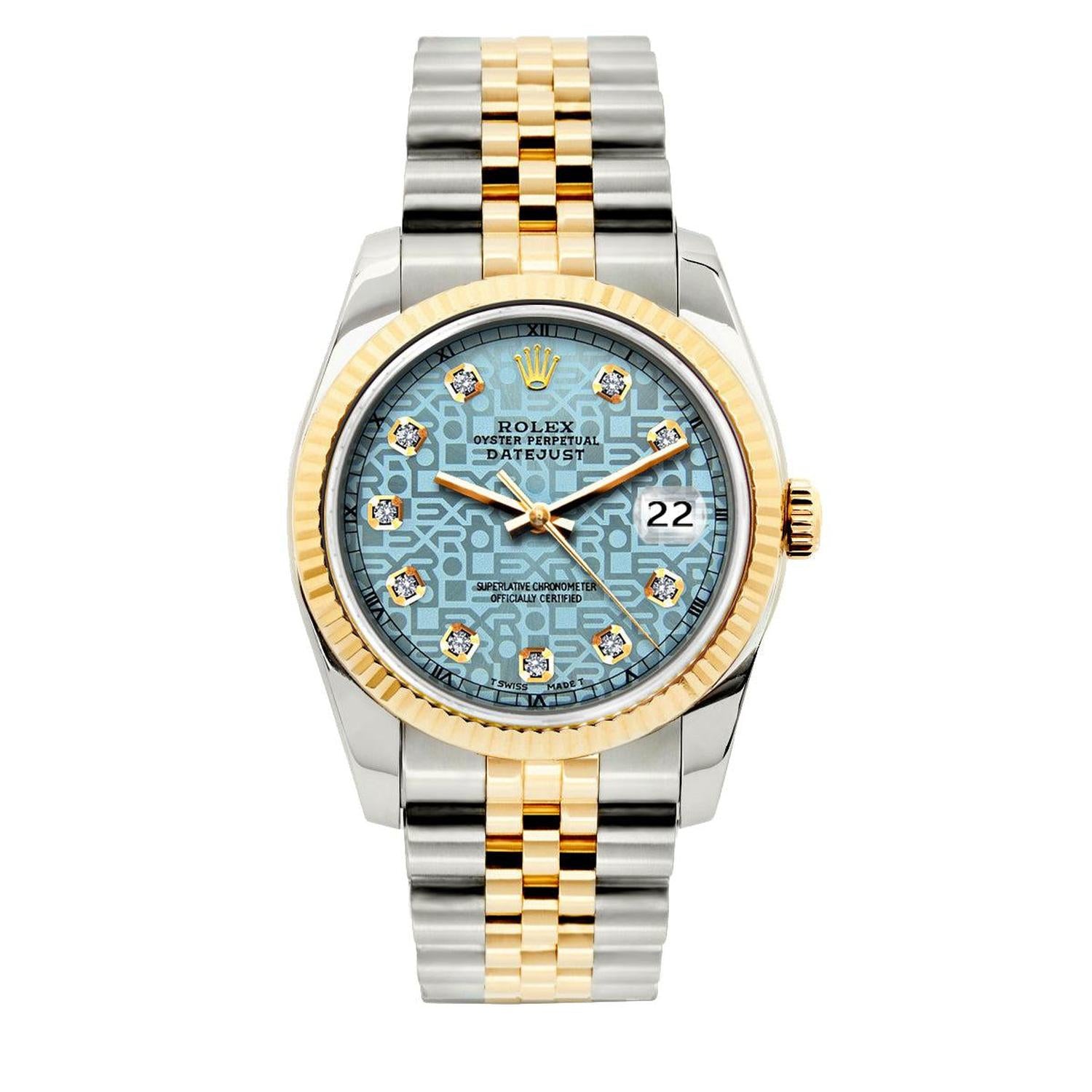 Rolex Datejust 36MM 16233 Ice Blue Floral Diamond Dial Yellow Gold Fluted Bezel Two Tone Jubilee Bracelet