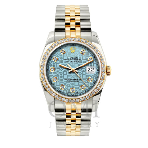 Rolex Datejust Diamond Watch, 36mm, Yellow Gold and Stainless Steel Bracelet Blue Rolex Dial w/ Diamond Bezel