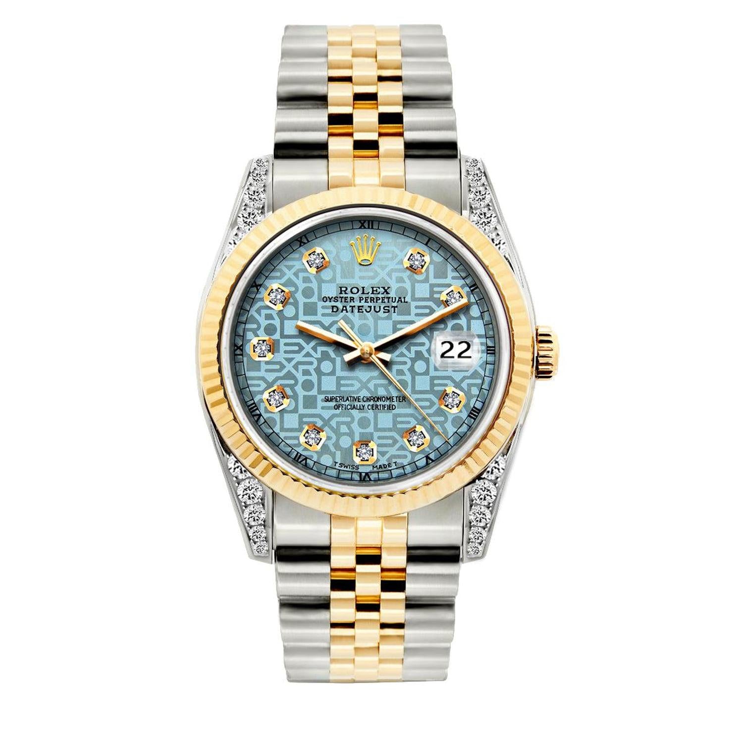 Rolex Datejust 36MM 16233 Ice Blue Floral Diamond Dial Yellow Gold Fluted Bezel Two Tone Jubilee Bracelet