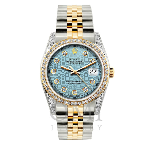 Rolex Datejust Diamond Watch, 36mm, Yellow Gold and Stainless Steel Bracelet Blue Rolex Dial w/ Diamond Bezel and Lugs