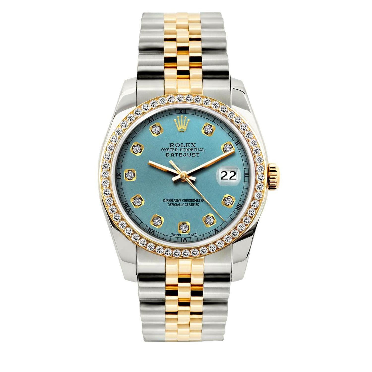 Rolex Datejust 36MM 16233 Blue Diamond Dial Diamond Bezel Two Tone Jubilee Bracelet 1.2ct