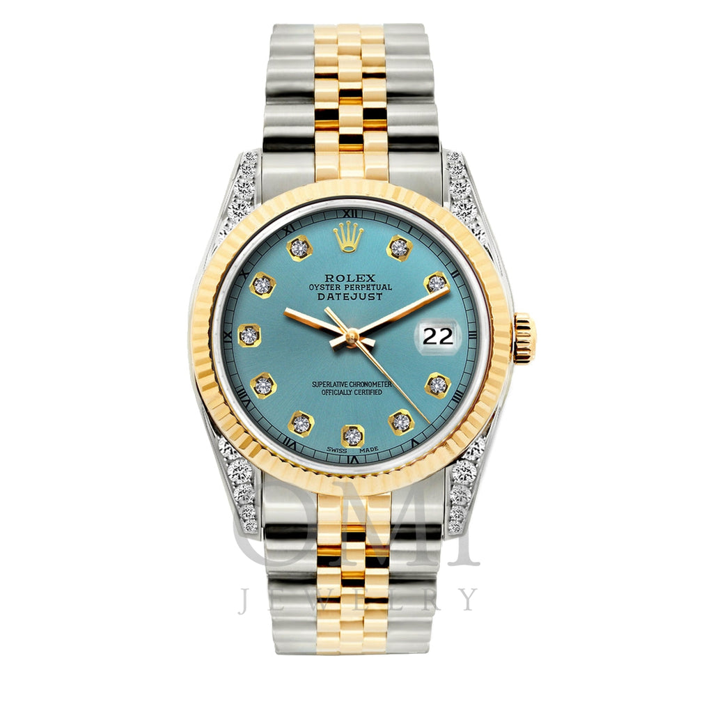 Rolex Datejust Diamond Watch, 36mm, Yellow Gold and Stainless Steel Bracelet Ice Blue Dial w/ Diamond Lugs