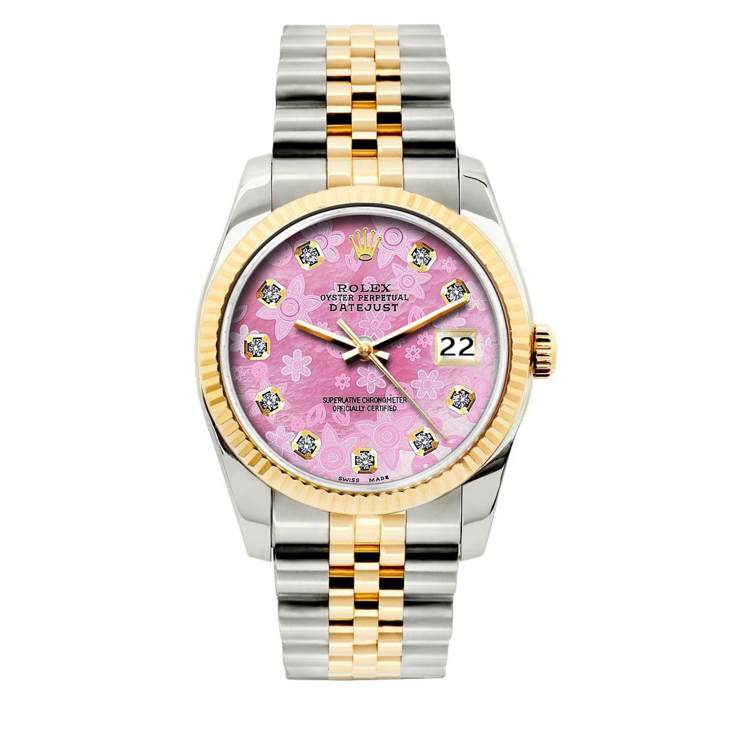 Rolex Datejust 36MM 16233 Pink Floral Diamond Dial Yellow Gold Fluted Bezel Two Tone Jubilee Bracelet
