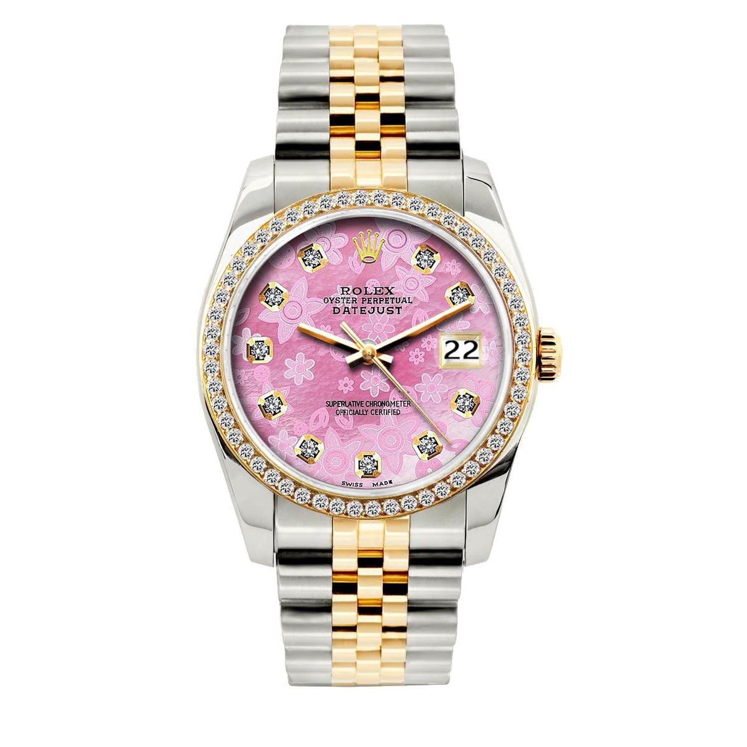 Rolex Datejust 36MM 16233 Pink Floral Diamond Dial Diamond Bezel Two Tone Jubilee Bracelet 1.2ct