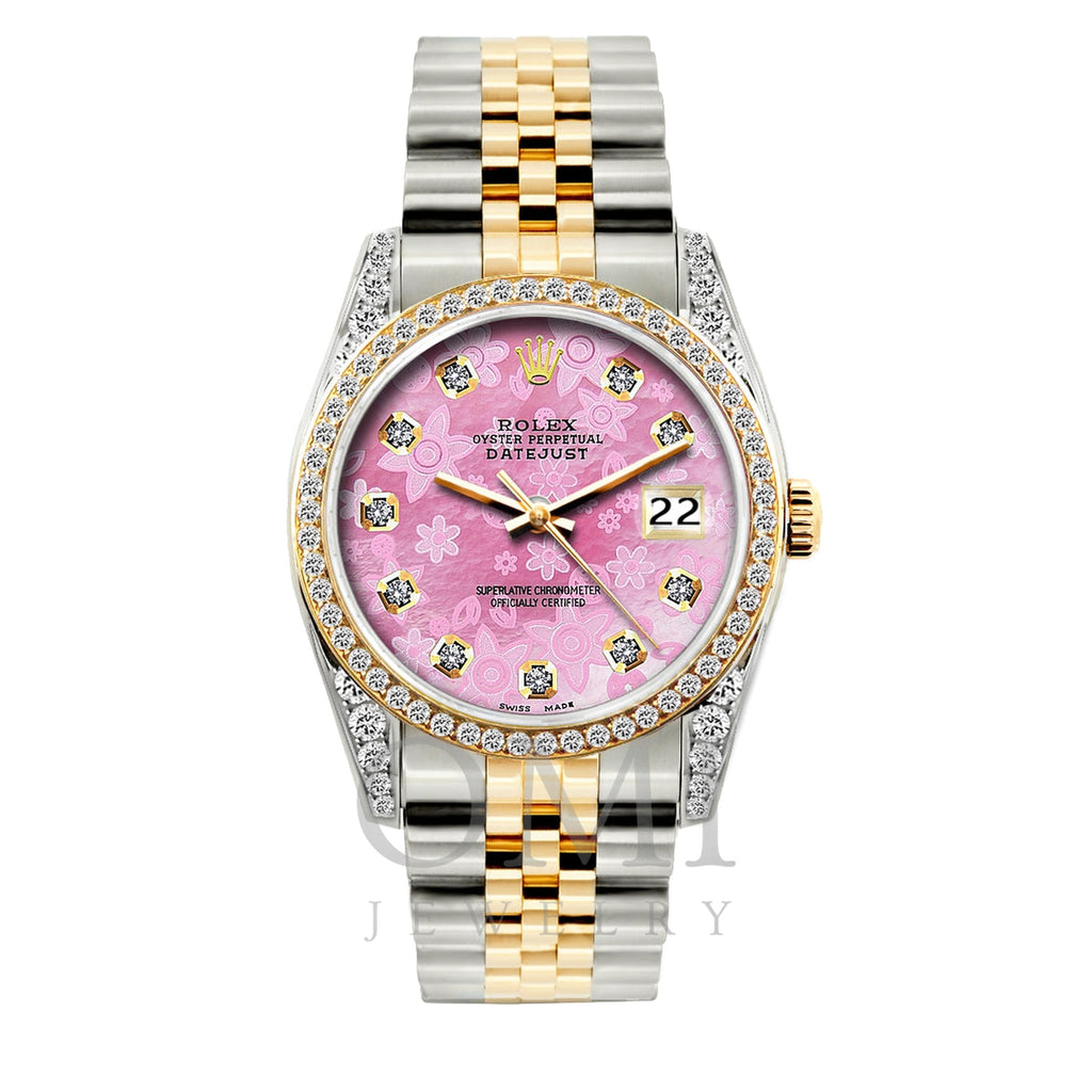 Rolex Datejust Diamond Watch, 36mm, Yellow Gold and Stainless Steel Bracelet Pink Flower Dial w/ Diamond Bezel and Lugs