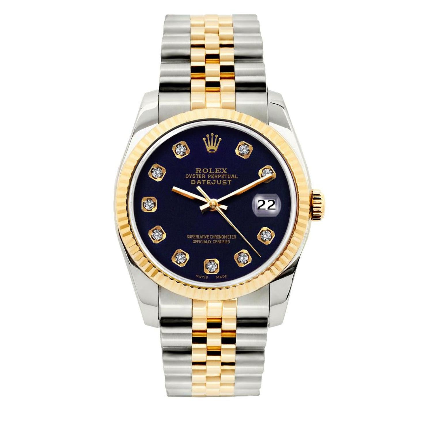 Rolex Datejust 36MM 16233 Blue Diamond Dial Yellow Gold Fluted Bezel Two Tone Jubilee Bracelet