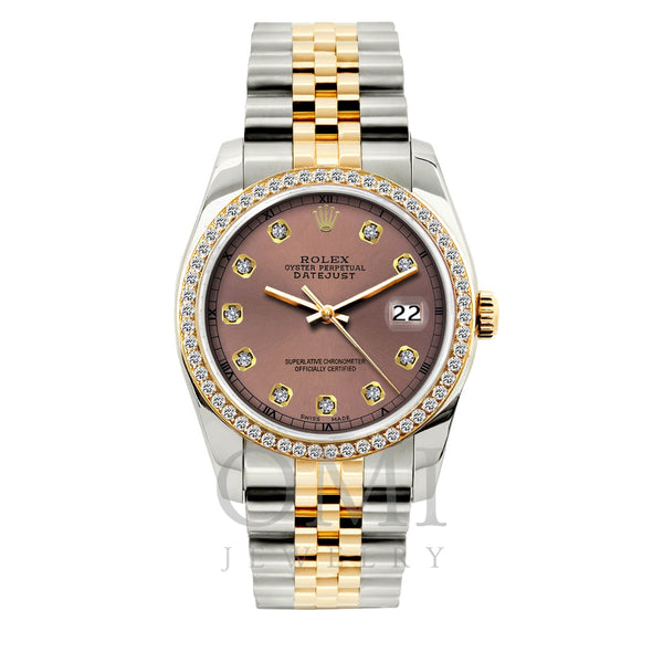 Rolex Datejust Diamond Watch, 36mm, Yellow Gold and Stainless Steel Bracelet Earthen Dial w/ Diamond Bezel