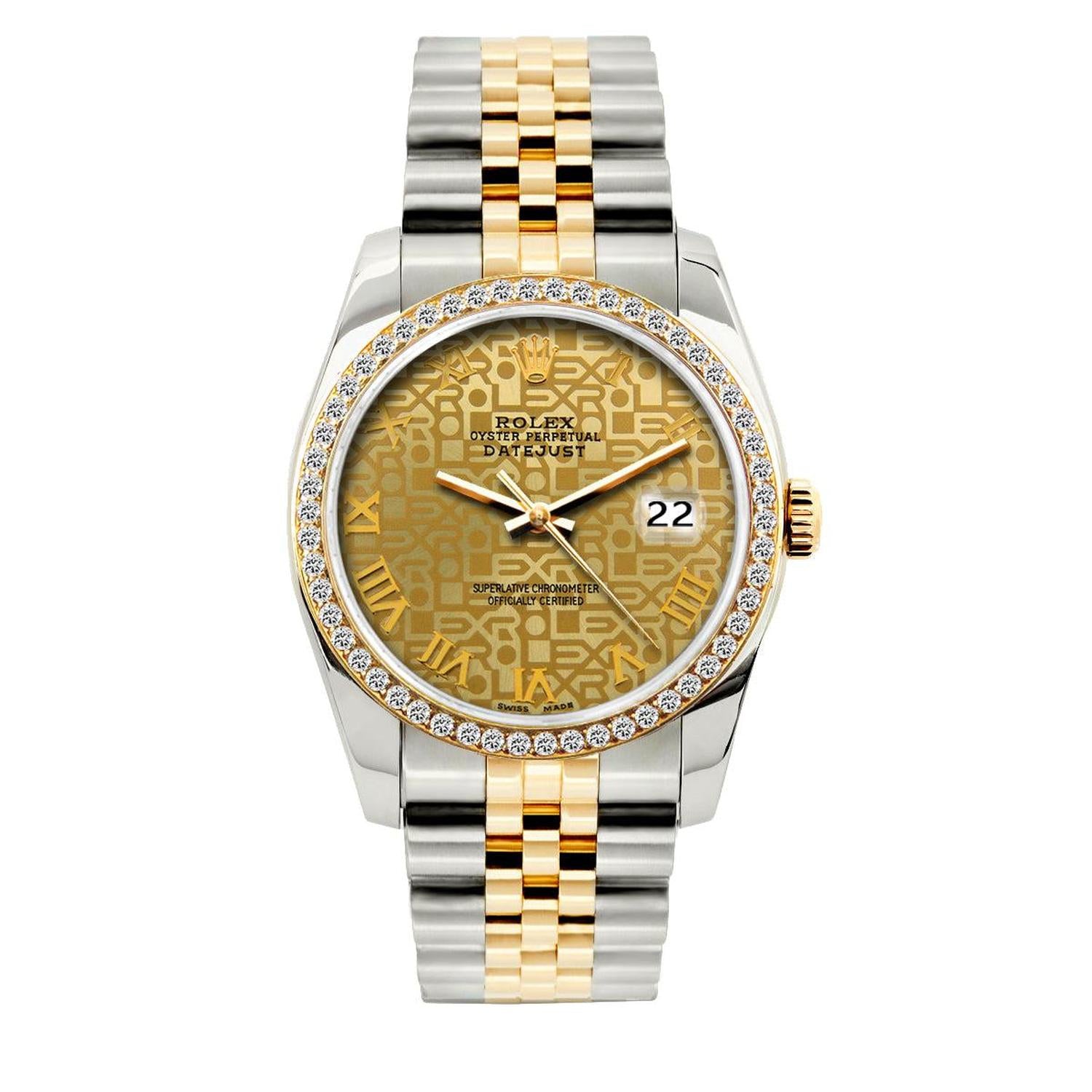 Rolex Datejust 36MM 16233 Champagne Pattern Roman Dial Diamond Bezel Two Tone Jubilee Bracelet 1.2ct