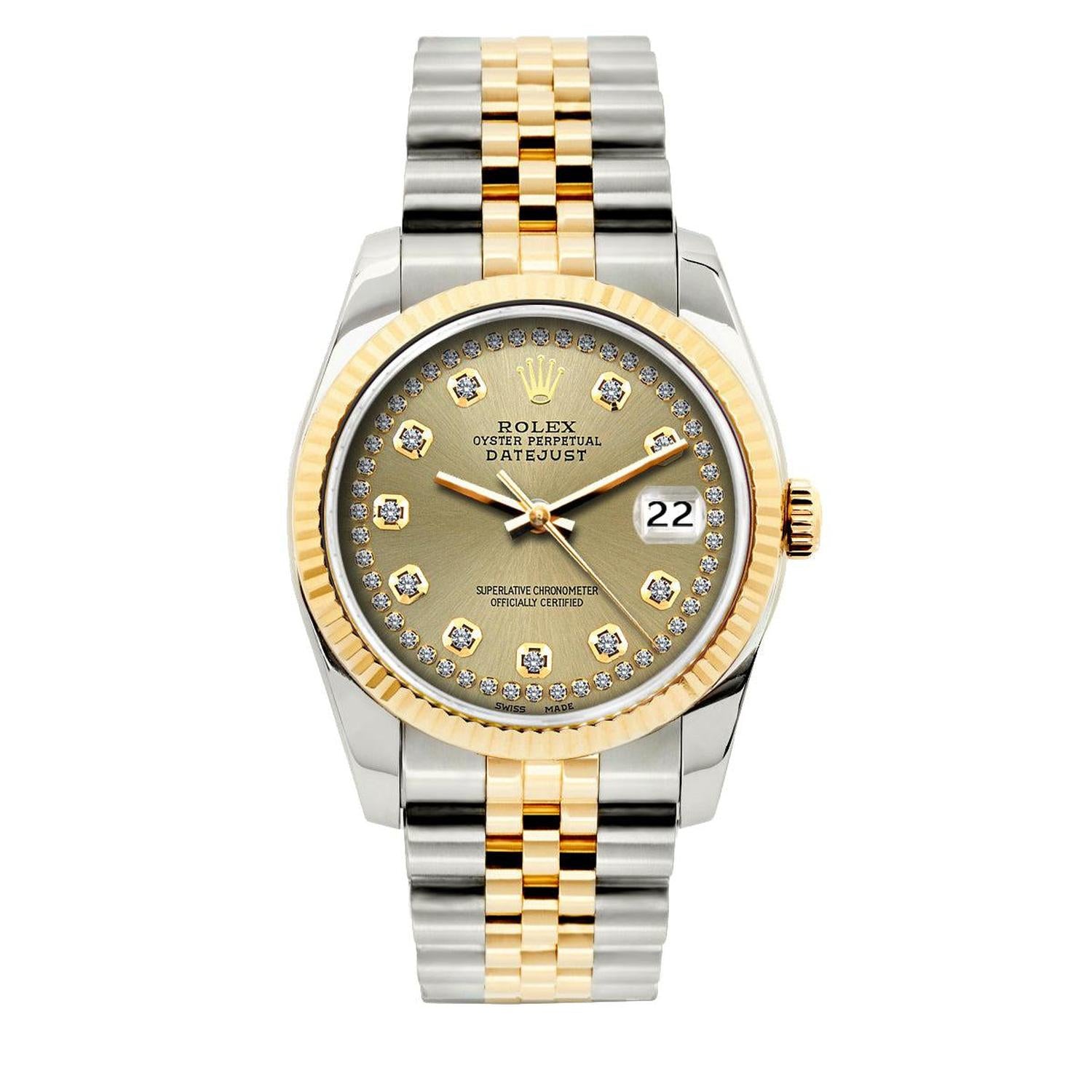 Rolex Datejust 36MM 16233 Champagne Diamond Dial Yellow Gold Fluted Bezel Two Tone Jubilee Bracelet