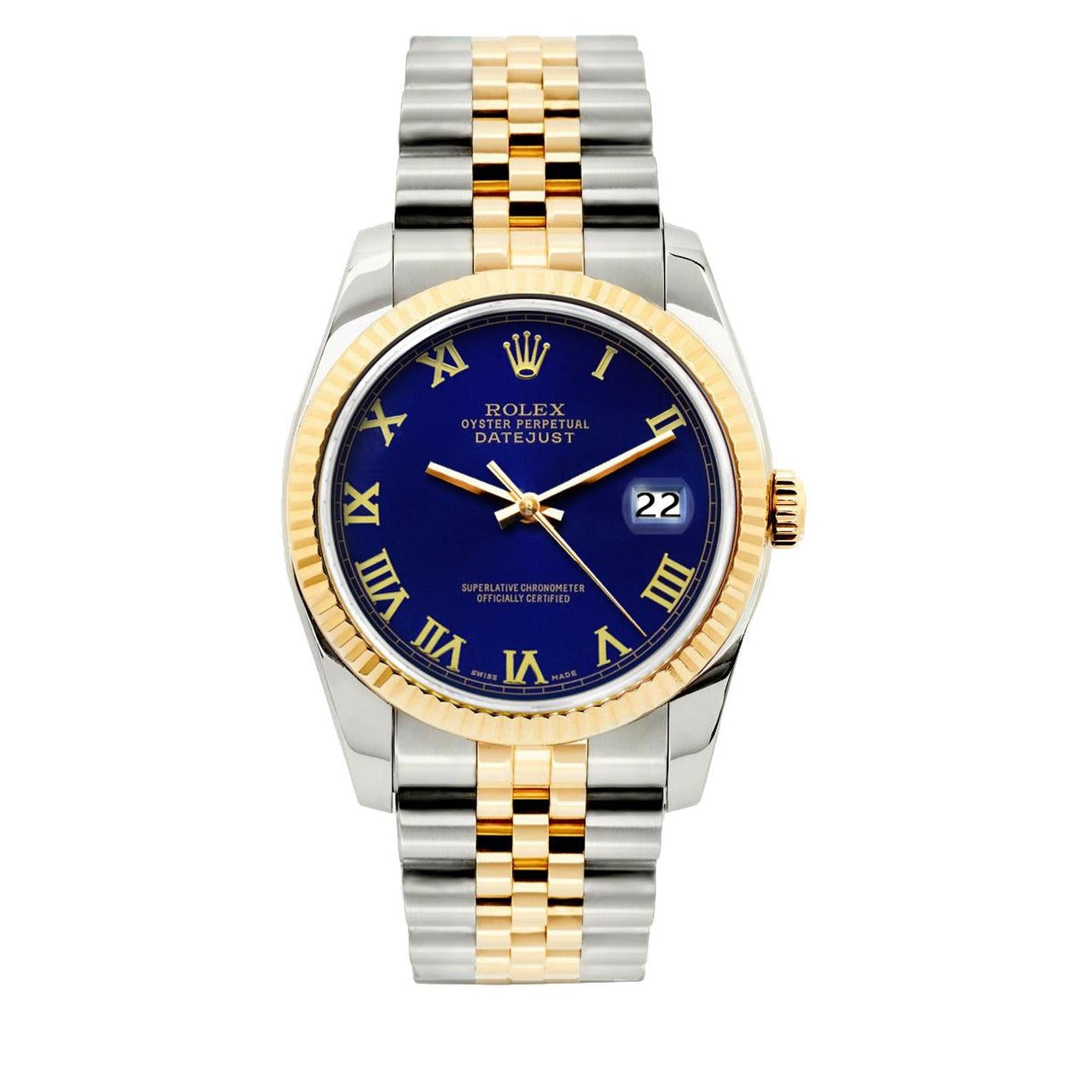 Rolex Datejust 36MM 16233 Blue Roman Dial Yellow Gold Fluted Bezel Two Tone Jubilee Bracelet