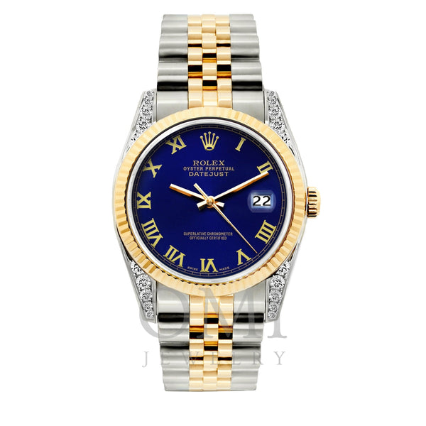 Rolex Datejust Diamond Watch, 36mm, Yellow Gold and Stainless Steel Bracelet Royal Blue Dial w/ Diamond Lugs
