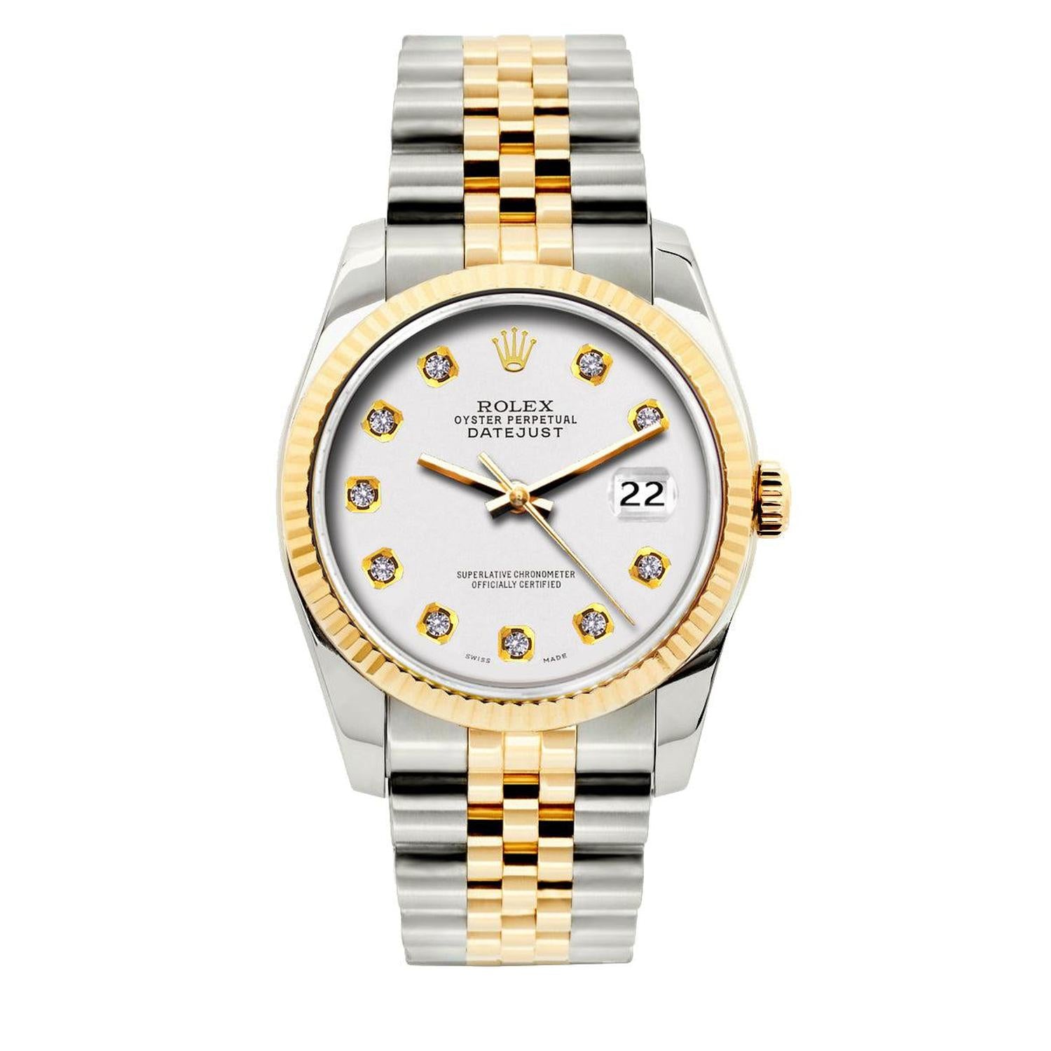Rolex Datejust 36MM 16233 White Diamond Dial Yellow Gold Fluted Bezel Two Tone Jubilee Bracelet