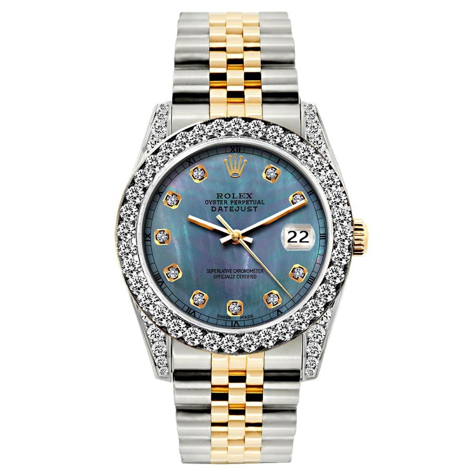Rolex Datejust Diamond Watch, 26mm, Yellow Gold and Stainless Steel Bracelet Blue Mother of Pearl Dial w/ Diamond Bezel and Lugs