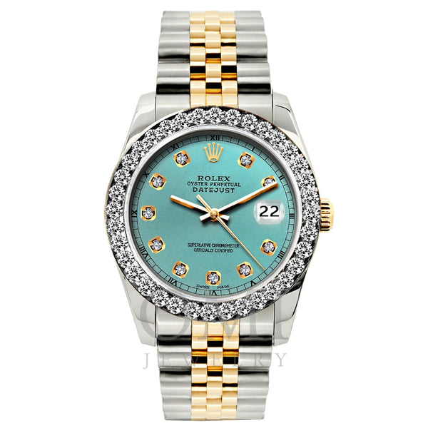 Rolex Datejust Diamond Watch, 26mm, Yellow Gold and Stainless Steel Bracelet Cadet Blue Dial w/ Diamond Bezel