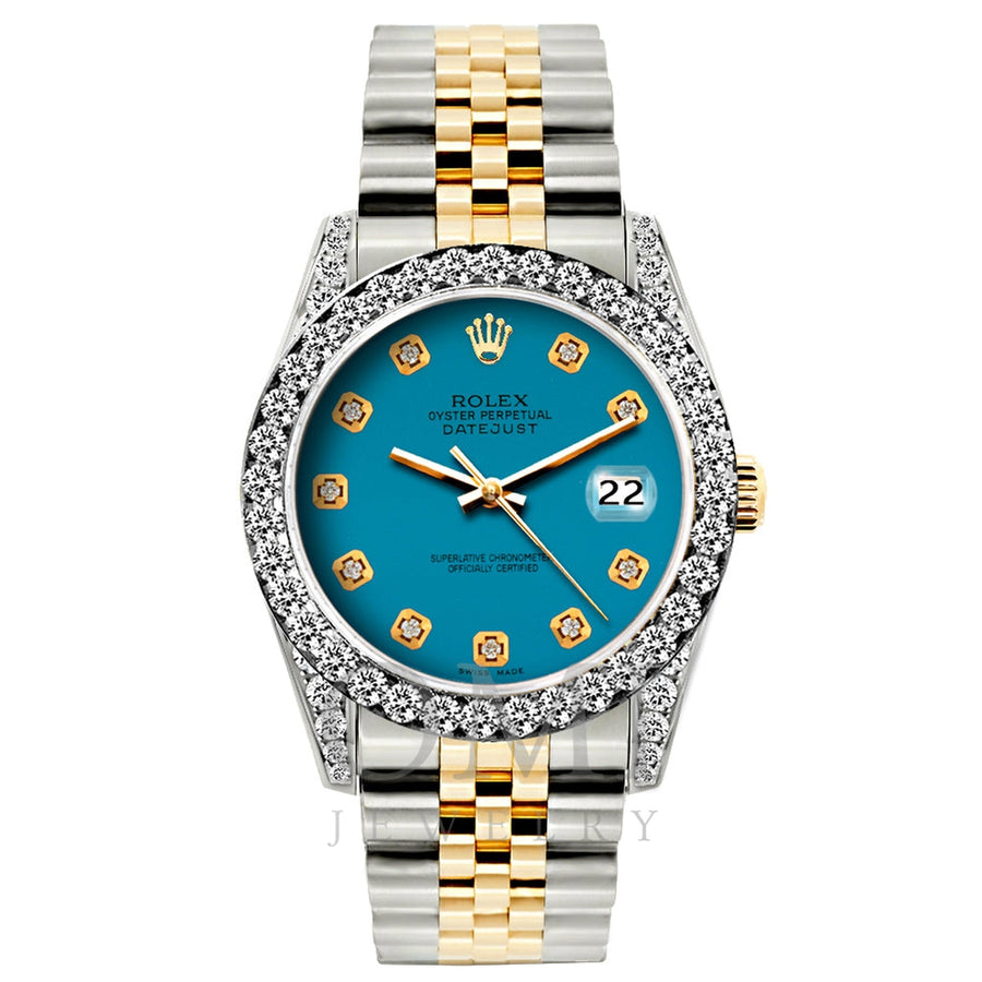 36mm Rolex Diamond Watch for Men Datejust Black Dial 3.75ct 18k Gold