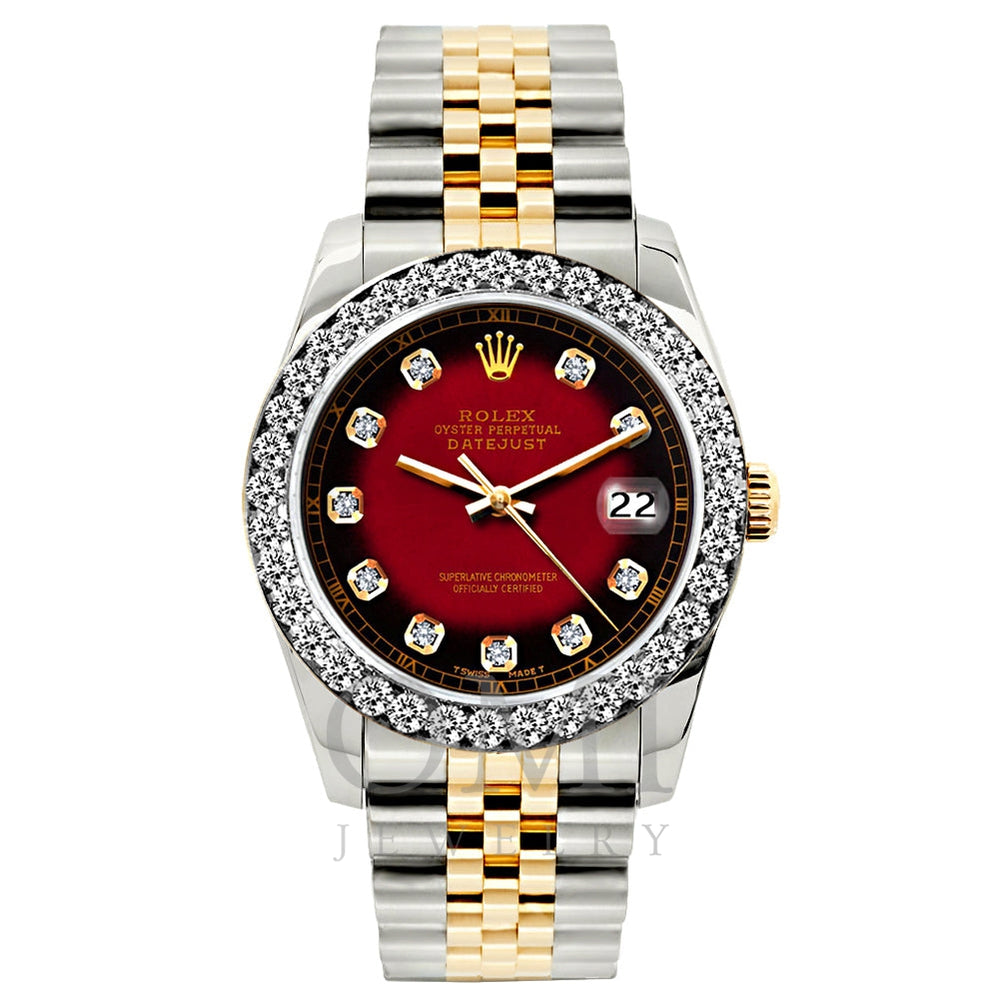 Rolex Datejust Diamond Watch, 26mm, Yellow Gold and Stainless Steel Bracelet Red and Black Dial w/ Diamond Bezel