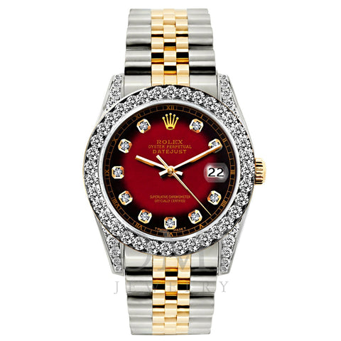 Rolex Datejust Diamond Watch, 26mm, Yellow Gold and Stainless Steel Bracelet Red and Black Dial w/ Diamond Bezel and Lugs
