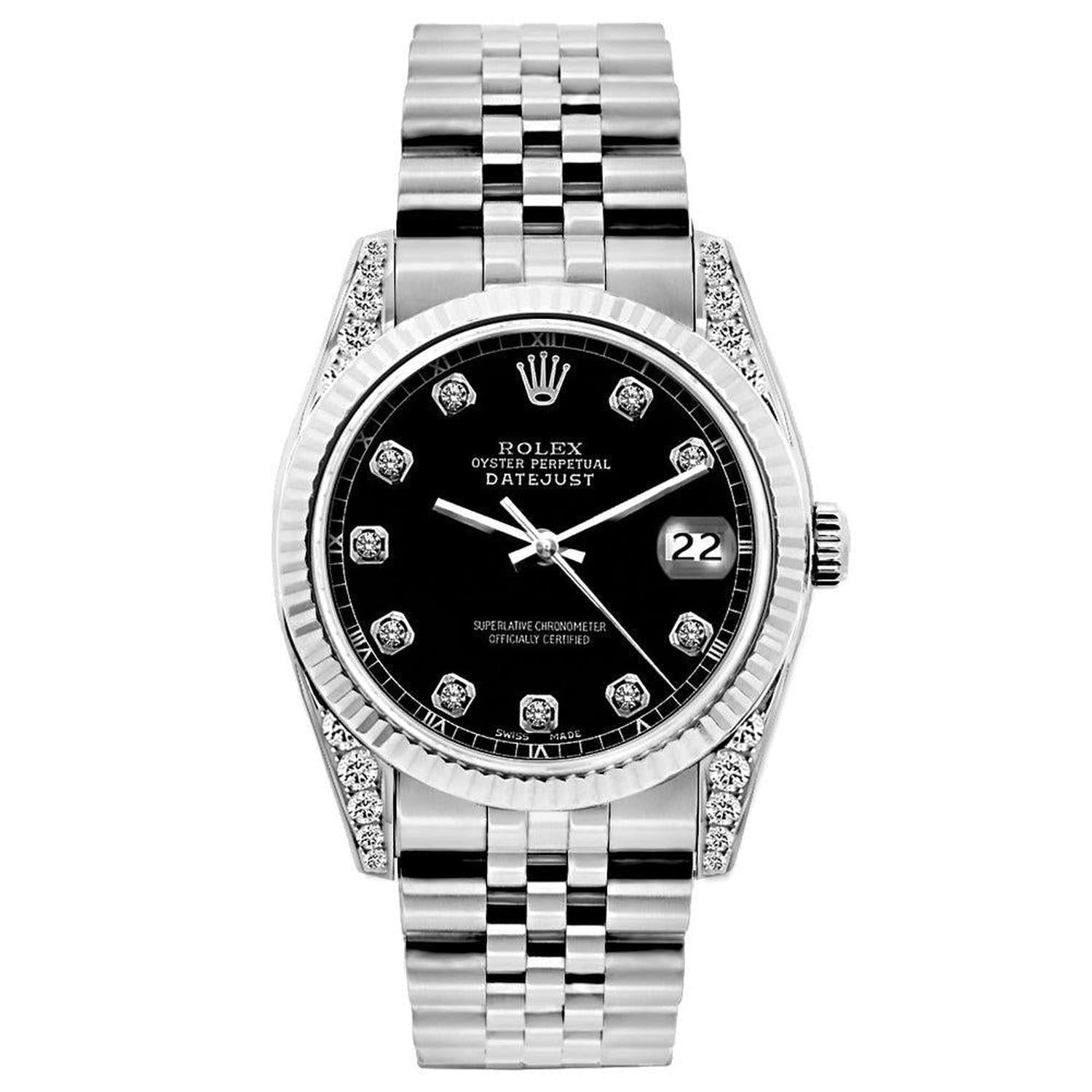 Rolex Datejust 26MM 6916 Black Diamond Dial White Gold Fluted Bezel Stainless Steel Jubilee Bracelet
