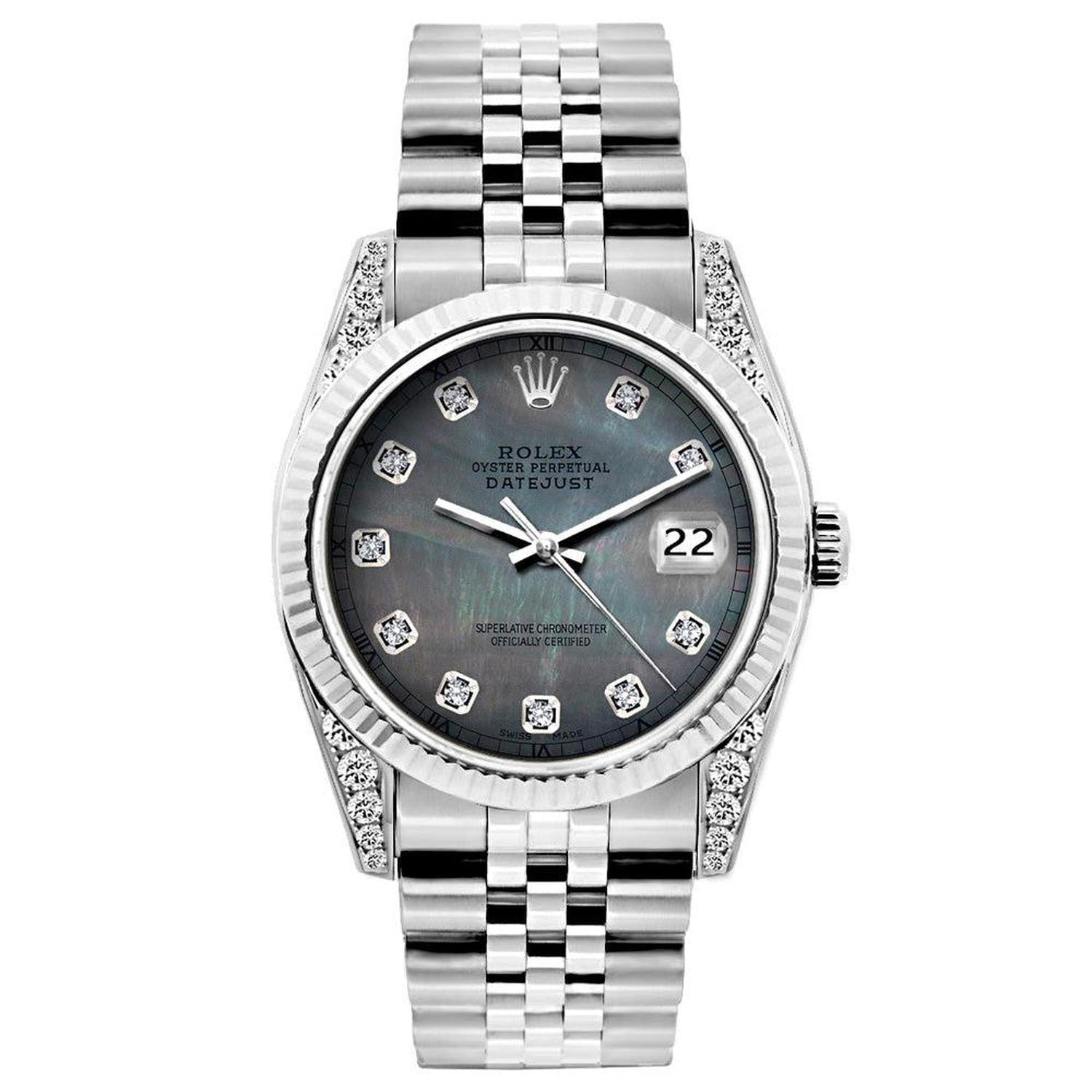 Rolex Datejust 26MM 6916 Black Mother of Pearl Diamond Dial White Gold Fluted Bezel Stainless Steel Jubilee Bracelet